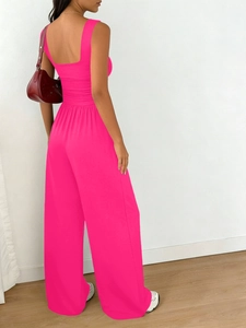 Detail of rose pink sleeveless wide-leg jumpsuit with high waist and square back