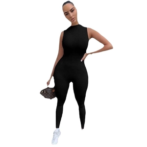 Sleeveless black slim-fit jumpsuit for women with crew neck and high-stretch fabric