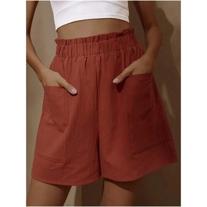 Damen Paperbag-Shorts in Rostrot mit hoher Taille, großen Taschen und Leinenstruktur