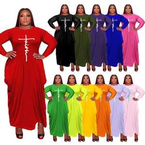 Long sleeve round neck milk silk maxi dress with faith print in 12 vibrant colors