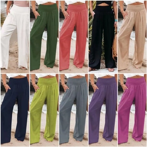 Women's high waist cotton linen wide leg pants in ten vibrant summer colors