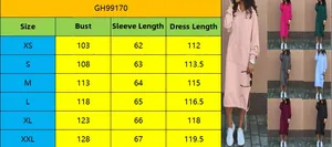 Size guide table for women's long hooded sweatshirt dress showing XS to XXL dimensions
