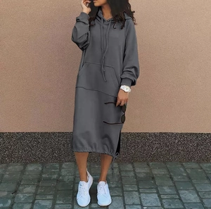 Detail of dark grey oversized hoodie dress featuring side slit with adjustable drawstrings