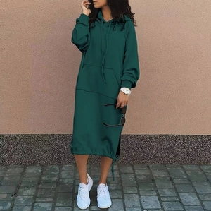 Detail of dark green oversized hoodie dress with front pocket and drawstring split hem