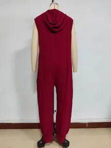Detail view of burgundy hooded sleeveless jumpsuit with harem pants style and back profile