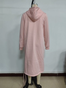 Rear view of a long pink hooded sweatshirt dress with ankle-length cut and soft fabric