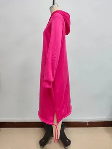 Detail view of longline magenta hoodie dress with side slit and drawstring adjustment