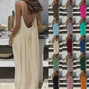 Detail of backless maxi dress with spaghetti straps and 15 color options shown