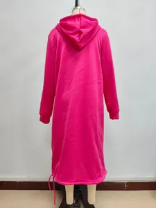 Detail of rose red hooded sweatshirt dress showing back view and drawstring hem