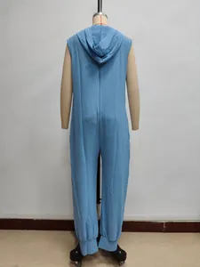 Rear view of light blue sleeveless hooded jumpsuit with pleated fabric texture
