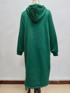 Detailed back view of a dark green longline hoodie featuring a large hood and ribbed cuffs