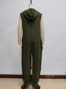 Rear view of olive green hooded sleeveless jumpsuit with subtle pleated fabric texture