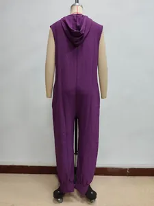 Detail view of purple hooded sleeveless jumpsuit with textured crinkle fabric back