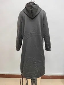 Detailed view of long charcoal gray oversized hoodie with drawstring hood and side pockets