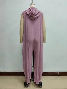 Rear view of purple hooded sleeveless jumpsuit featuring pleated texture and jogger cuffs