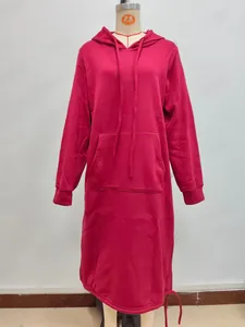 Deep red oversized hoodie dress with drawstring hood, front pocket, and ribbed cuffs