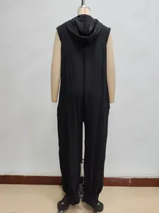 Back view of a black hooded sleeveless jumpsuit with a relaxed fit and button detail