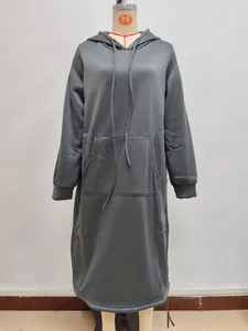 Detail of dark grey oversized hoodie dress with kangaroo pocket and drop shoulders