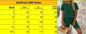 Size chart detail for women's casual two-piece t-shirt and shorts lounge set