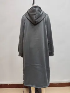 Detailed back view of a long dark grey oversized hoodie with a hood and ribbed cuffs