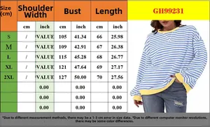 Tabella delle taglie per top a maniche lunghe a righe da donna con misure busto