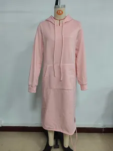 Detail of pink longline hoodie dress showing ribbed cuffs and side split hem details