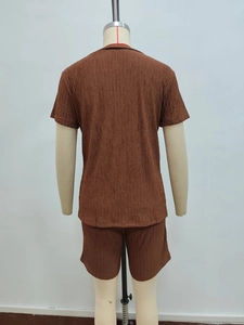 Detailed back view of dark brown pleated fabric texture on men's short sleeve shirt and shorts