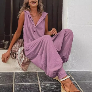 Women's casual sleeveless hooded jumpsuit with buttons in a relaxed purple cotton blend