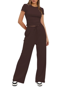 Detail of dark brown casual two-piece set featuring slim-fit T-shirt and high-waist pants