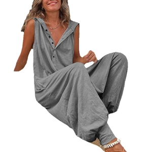 Casual grey hooded sleeveless jumpsuit with buttons and relaxed harem pant style