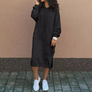 Women's black long sleeve hooded sweatshirt dress with kangaroo pocket and drawstring hem