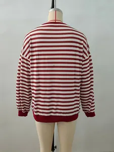 Rear view of casual red and white striped sweatshirt with ribbed cuffs and hem