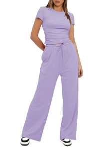 Detailed view of lavender leisure set featuring shirred side top and wide leg pants