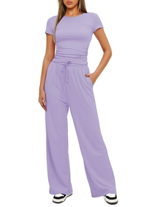 Detail of light purple two-piece lounge set with ruched waist and drawstring pants