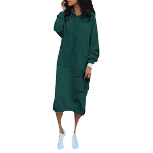 Deep green longline hoodie dress for women with kangaroo pocket and side slit hemline