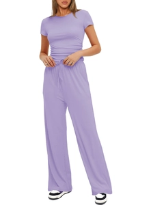 Detail of lavender casual lounge set showing side drawstrings and high waist wide leg pants