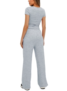 Detailed back view of casual light blue heather knit two-piece lounge set with wide leg pants