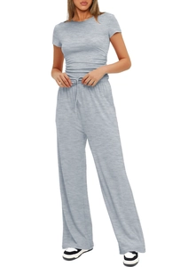 Detail of light gray two-piece leisure set with short sleeve top and drawstring pants