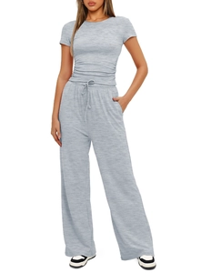 Detail of grey marl knitted texture on casual lounge set with elastic drawstring waist