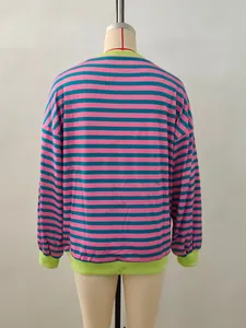 Close-up of pink and teal striped top with neon green ribbed collar and sleeve cuffs