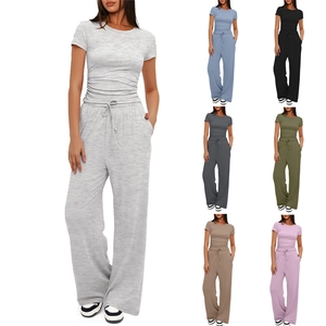 Women Casual Crew Neck Short Sleeve Ruched Top And High Waist Drawstring Wide Leg Pants Comfortable Lounge Wear Ribbed Knit Jogger Suit