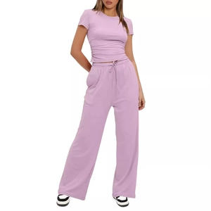 Lavender women's casual 2-piece set with ruched short sleeve top and wide-leg pants