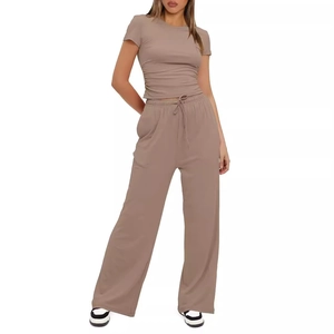 Women's 2-piece lounge set with ruched short sleeve top and high waist wide leg pants