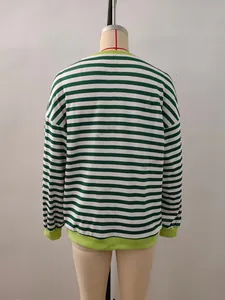 Detail of green and white striped long sleeve top with ribbed cuffs and drop shoulder
