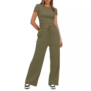 Women's 2-piece olive green casual set with ruched short sleeve top and wide leg pants