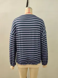 Detail of color-block ribbed neckline and striped knit texture on women's long sleeve top