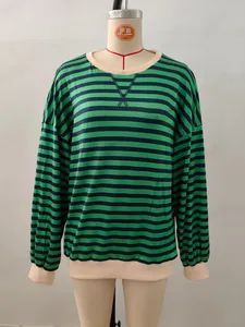 Detail of green and black striped sweatshirt with contrast ribbed collar and cuffs