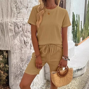Women's summer knit two-piece set featuring short sleeve t-shirt and drawstring shorts