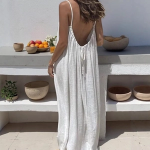 Elegant white backless long dress with spaghetti straps and drawstring detail for women