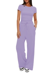 Women's two-piece lavender leisure set with short sleeve top and drawstring wide-leg pants